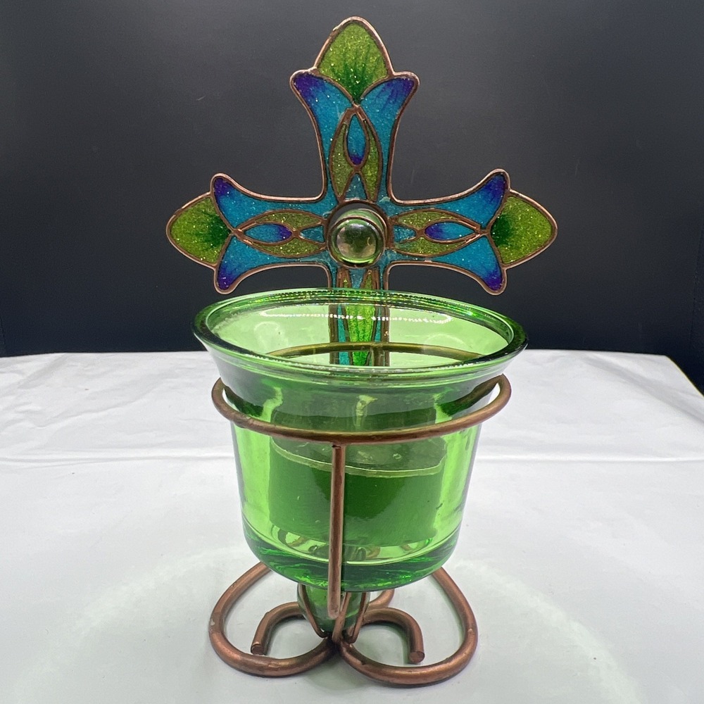 Vintage Giftcraft Inc Metal Works Stained Glass Cross Tealight Candle Holder